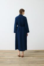 Denim Effect 100% Linen Shirt Dress - Navy Blue - Image 4