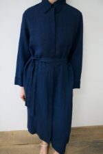 Denim Effect 100% Linen Shirt Dress - Navy Blue - Image 2